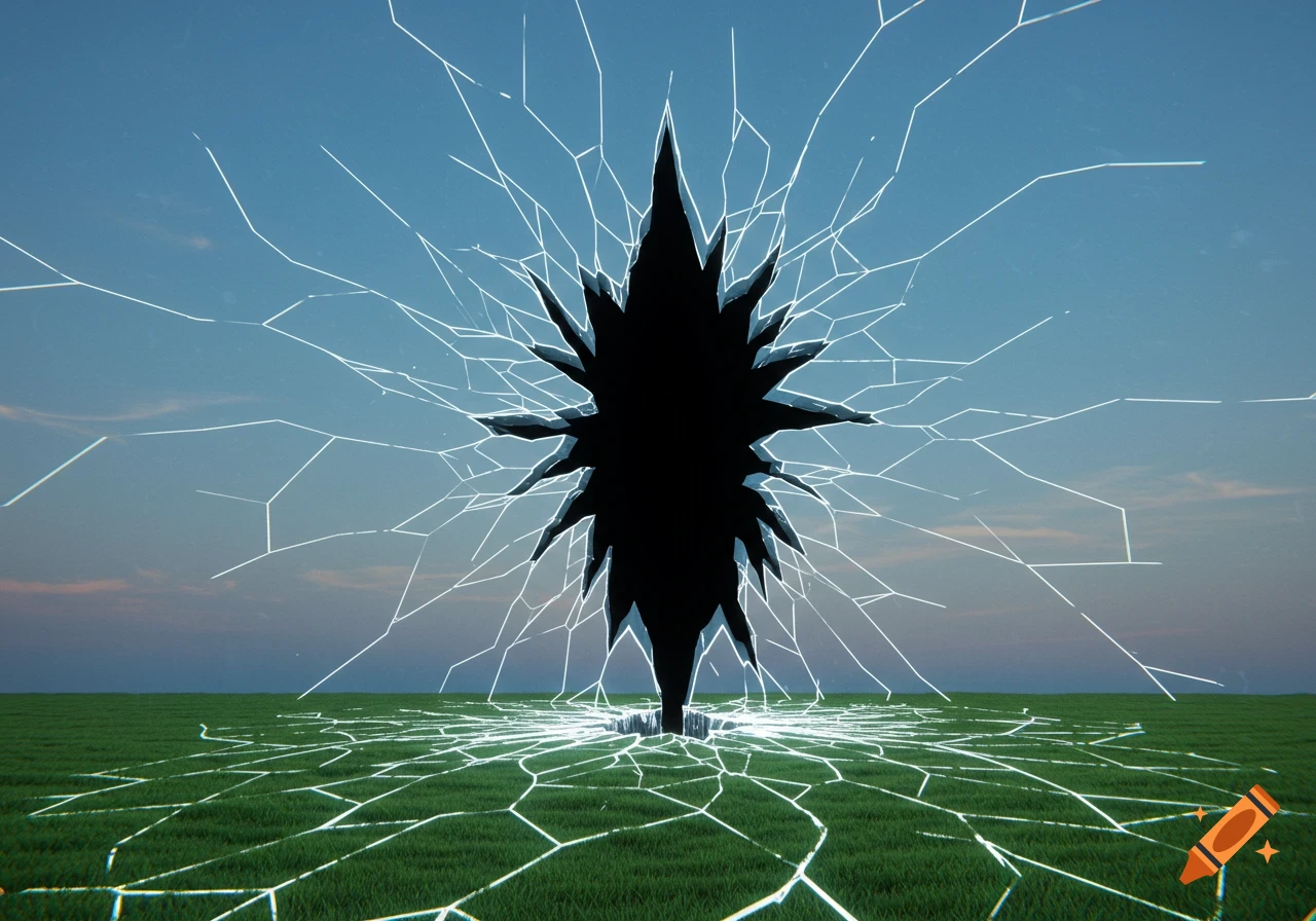 A jagged black rift floats above a grassy field, with glowing white cracks spreading across the sky and grass like shattered glass.