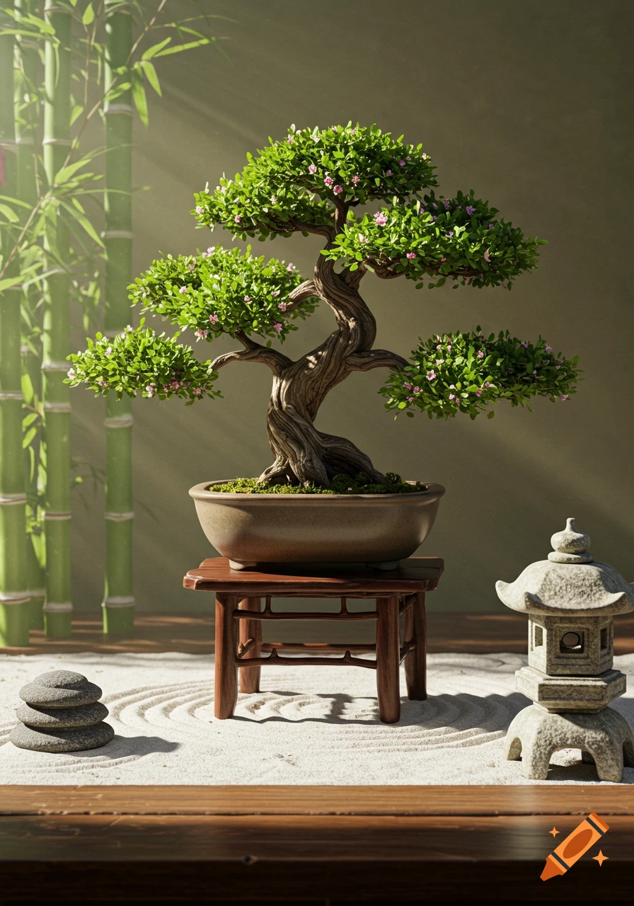 A photorealistic bonsai tree on a stand in a Zen garden with raked sand, stacked stones, a stone lantern, and bamboo.