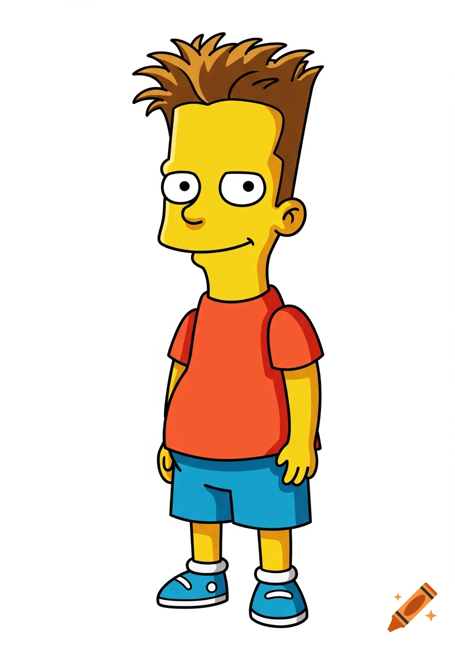A yellow-skinned cartoon boy with spiky brown hair, a red shirt, and blue shorts stands on a white background.