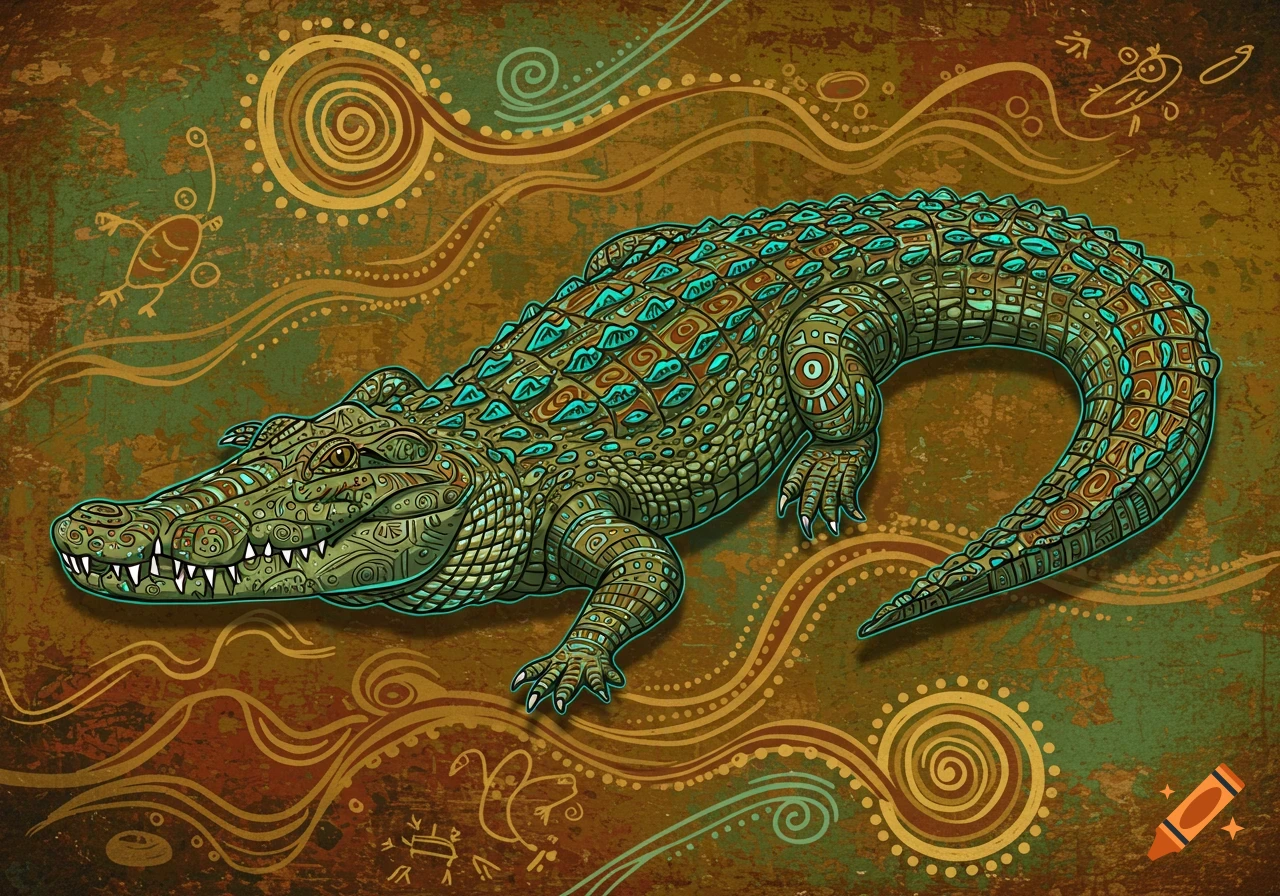 A vibrant, stylized crocodile in aboriginal artwork with intricate turquoise scales on a textured brown and green background.