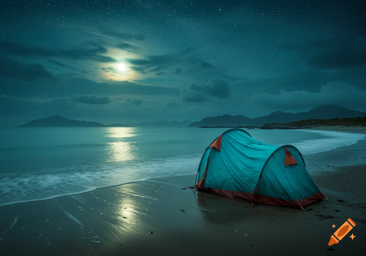 A teal and orange tent sits on a dark sandy beach under a starry night sky with a full moon reflecting on the calm ocean.