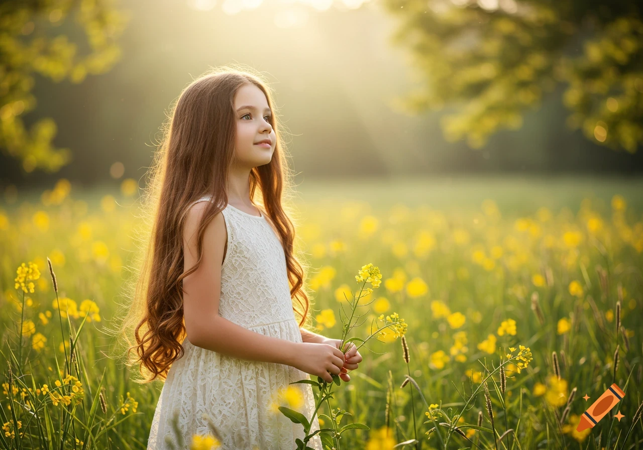 A young girl with long brown hair stands in a sunny field of yellow flowers, holding some blossoms.