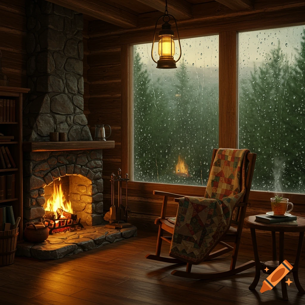 A cozy wooden cabin interior with a lit fireplace, a rocking chair by a window with rain, and warm lighting.
