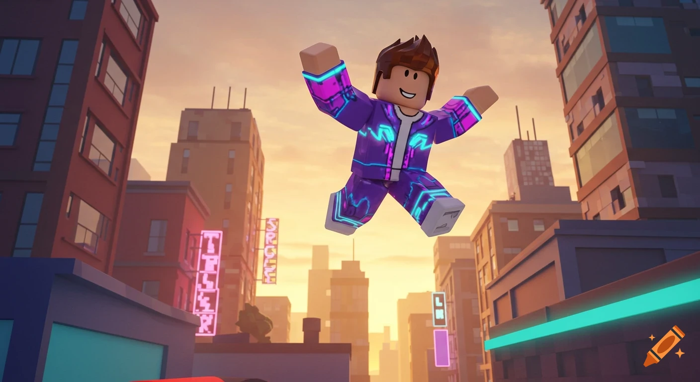 A Roblox character in a purple and neon blue suit jumps in the air above city buildings at sunset.