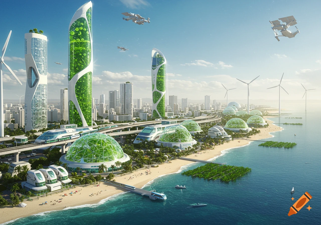A vibrant solarpunk city on a sunny coast with green skyscrapers, glass domes for farms, wind turbines, and advanced transit systems.