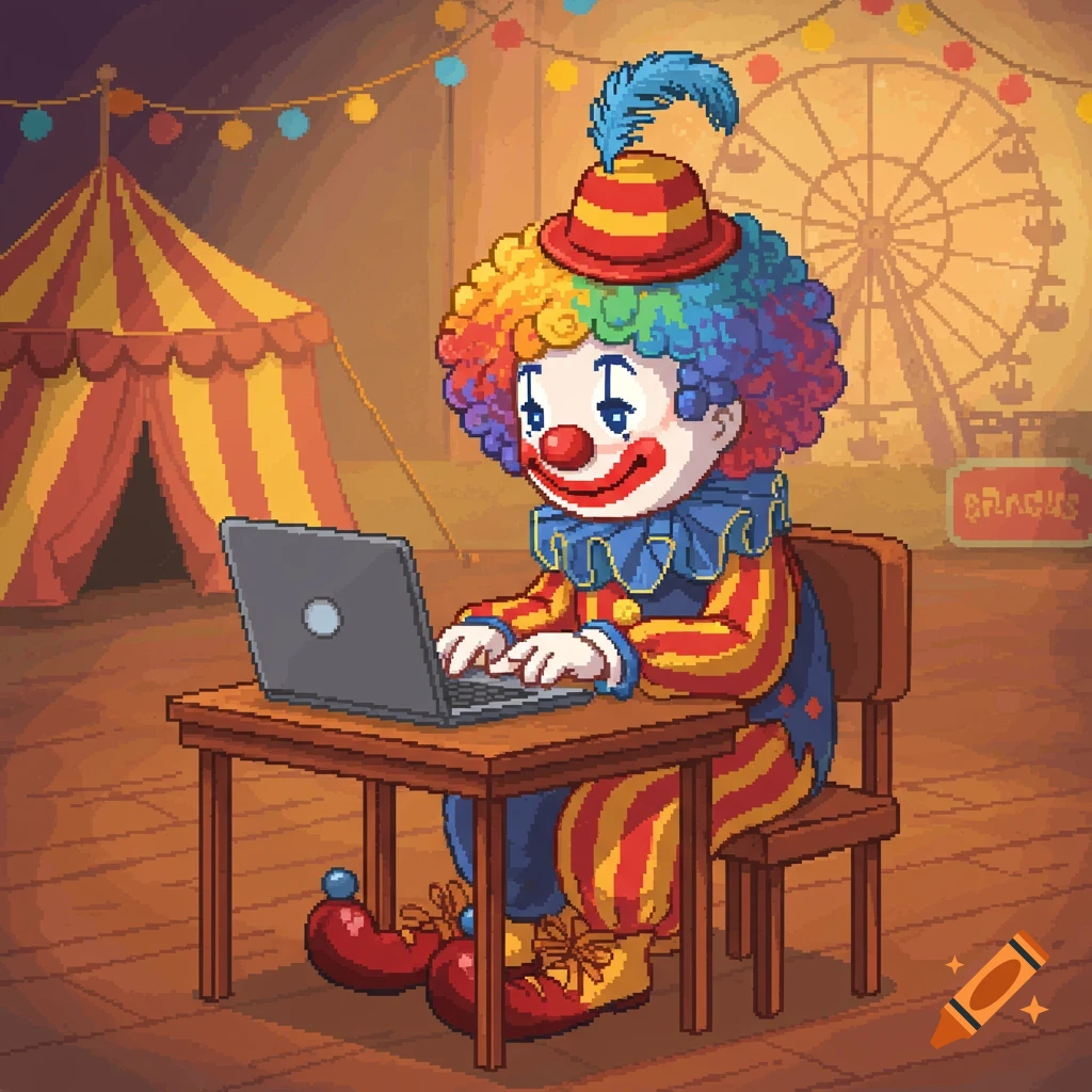 A colorful pixel art clown with rainbow hair sits at a table using a laptop in a circus tent with a Ferris wheel in the background.