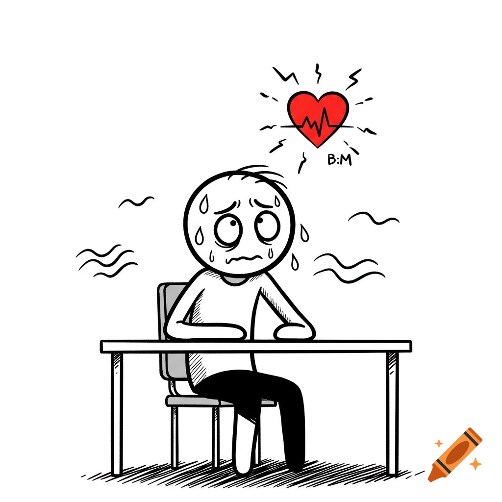 A black and white stick figure sits at a desk, sweating with an anxious expression, a red heart with a heartbeat line and 'B:M' floats above their head, illustrating stress.