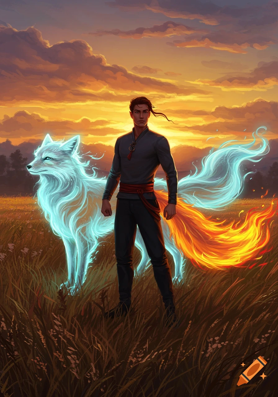 A man stands beside a glowing blue fox with a fiery tail in a field at sunset, digital art.