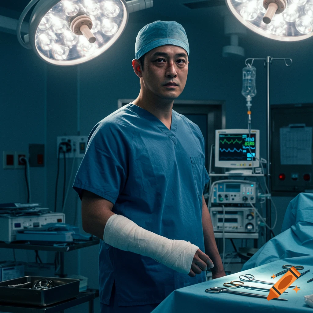 A photorealistic image of a male surgeon with a black eye and a cast on his arm, standing in an operating room.
