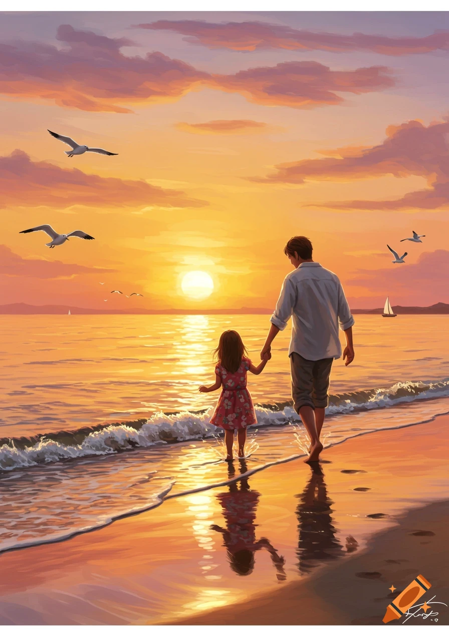Digital painting of a father and child walking hand-in-hand on a beach at sunset with seagulls flying overhead.