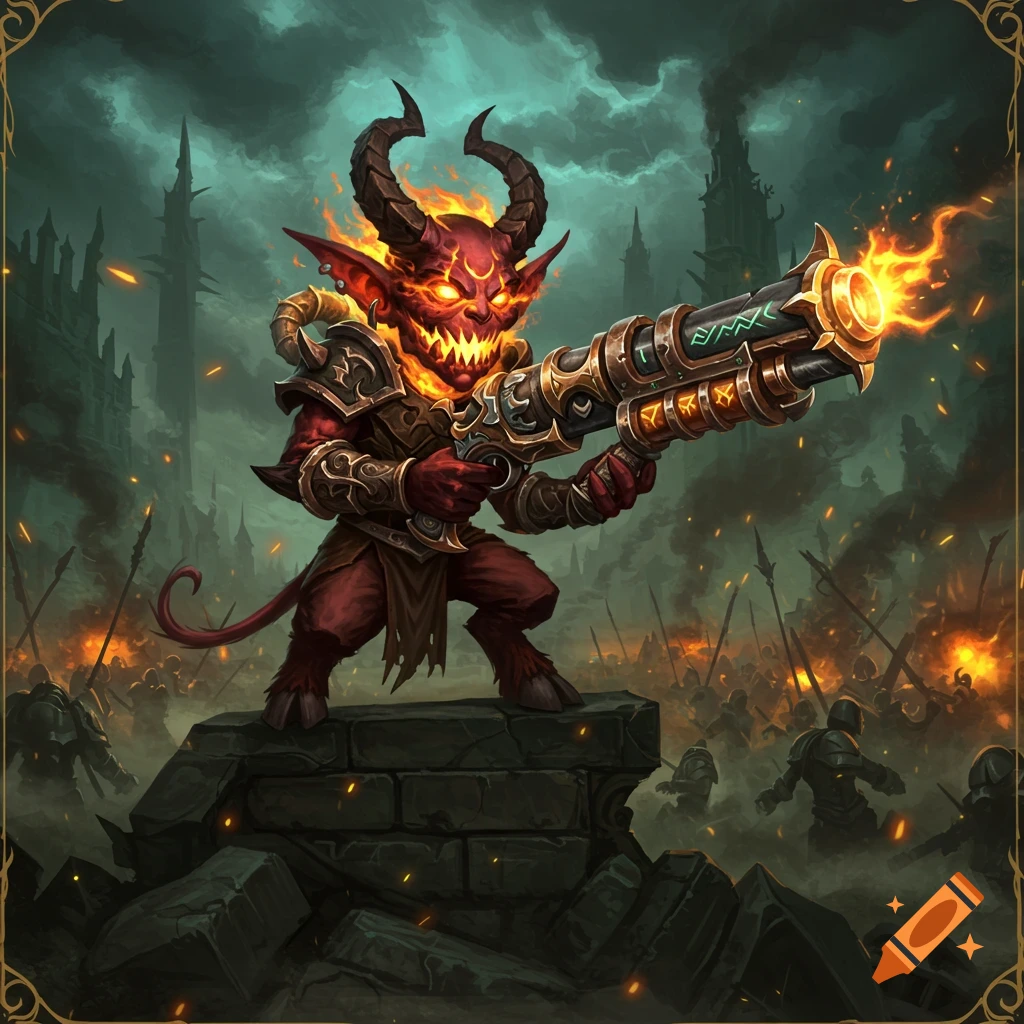 A stylized fiery red imp with horns and armor holds a large, flaming gun amidst a dark, chaotic battle scene.