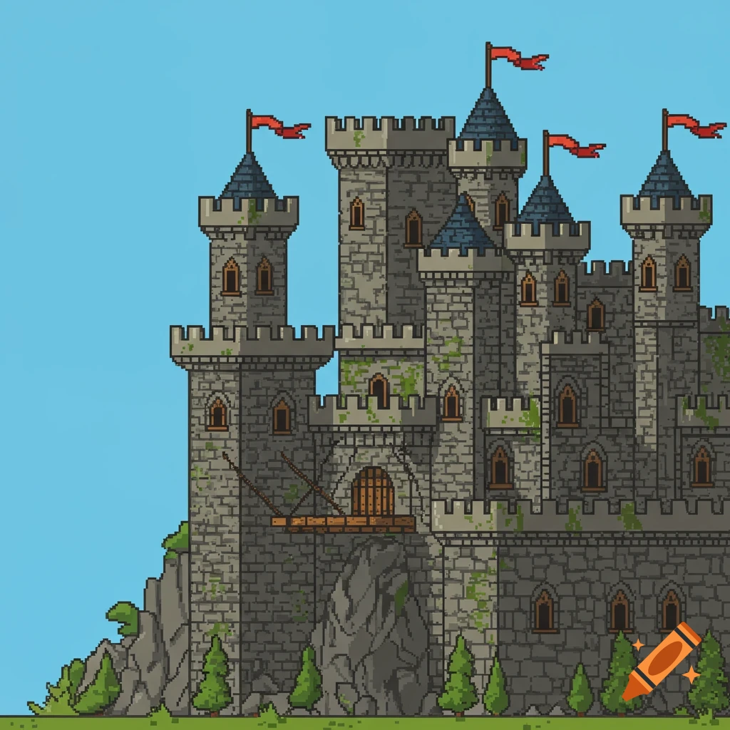 A pixel art castle with multiple towers and red flags, built on a rocky hill against a clear blue sky.