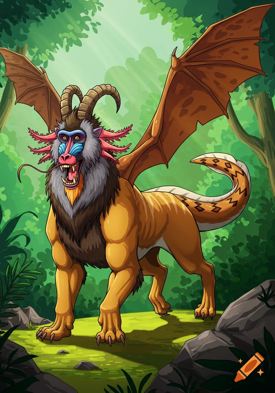 A colorful cartoon chimera with a mandrill head, dragon wings, lion body, goat horns, and snake tail stands in a jungle.