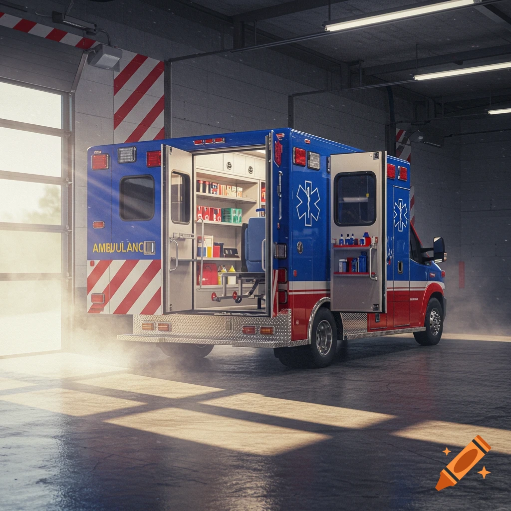Photorealistic image of a blue and red ambulance with its rear doors open, backed halfway out of a garage with sunlight streaming in.