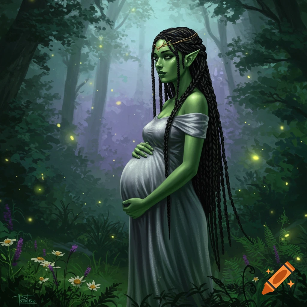 A green-skinned pregnant elf with long black braids stands in a mystical forest filled with glowing fireflies.