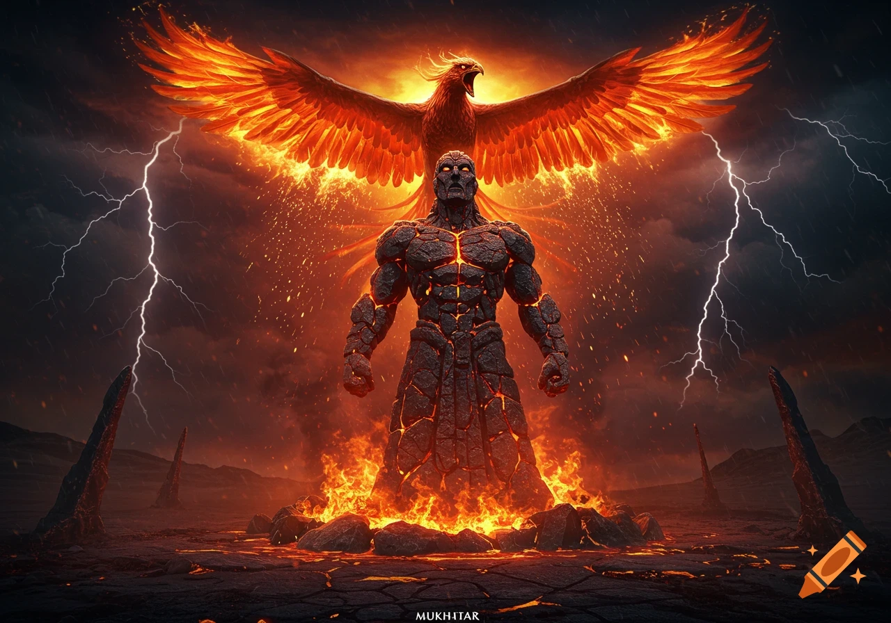 A powerful, glowing lava creature stands under a fiery phoenix with outstretched wings, amidst lightning and flames in a dark, horror fantasy scene.