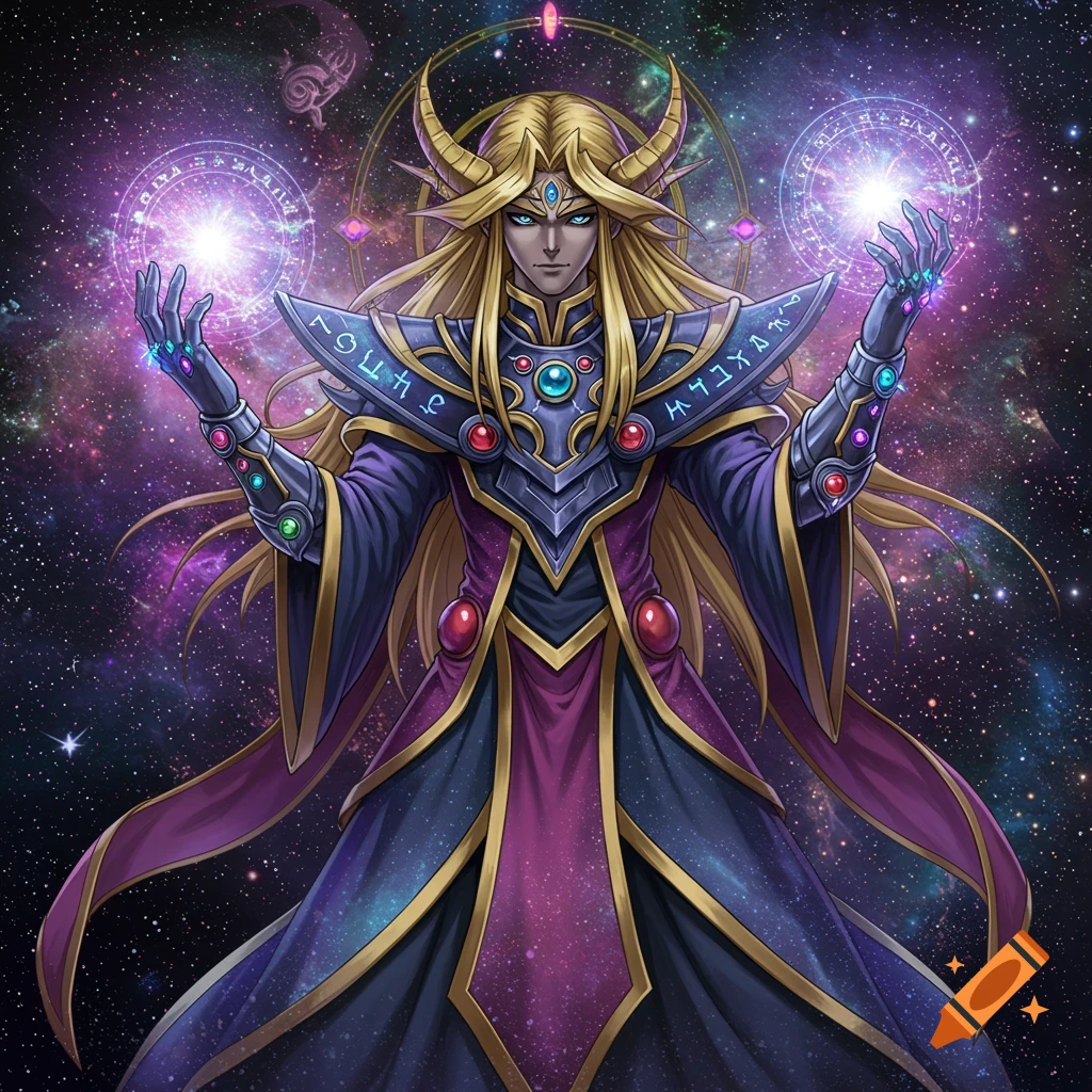 A blonde male fantasy sorcerer with horns, wearing purple and gold robes, conjuring magic in a starry cosmic background.
