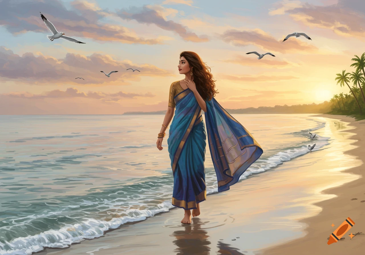 A digital painting of an Indian woman in a blue saree walking barefoot on a beach at sunset with seagulls.