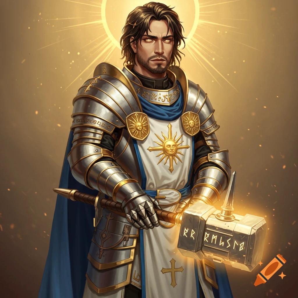 Fantasy portrait of a noble male cleric in shining silver and gold armor, holding a glowing runic warhammer, with a divine halo and intense eyes.