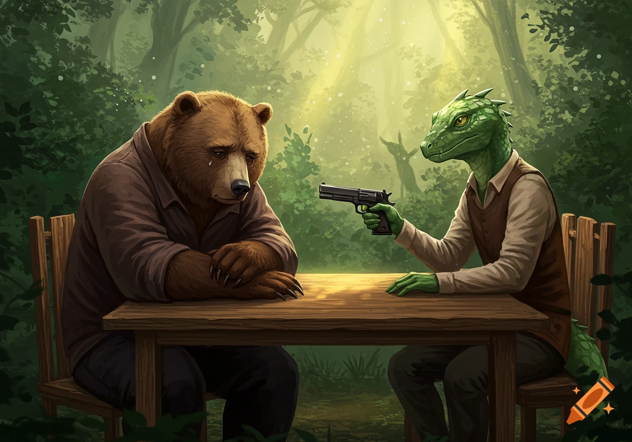 A sad, anthropomorphic bear sits at a wooden table across from a green lizard creature who holds a gun, set in a forest.