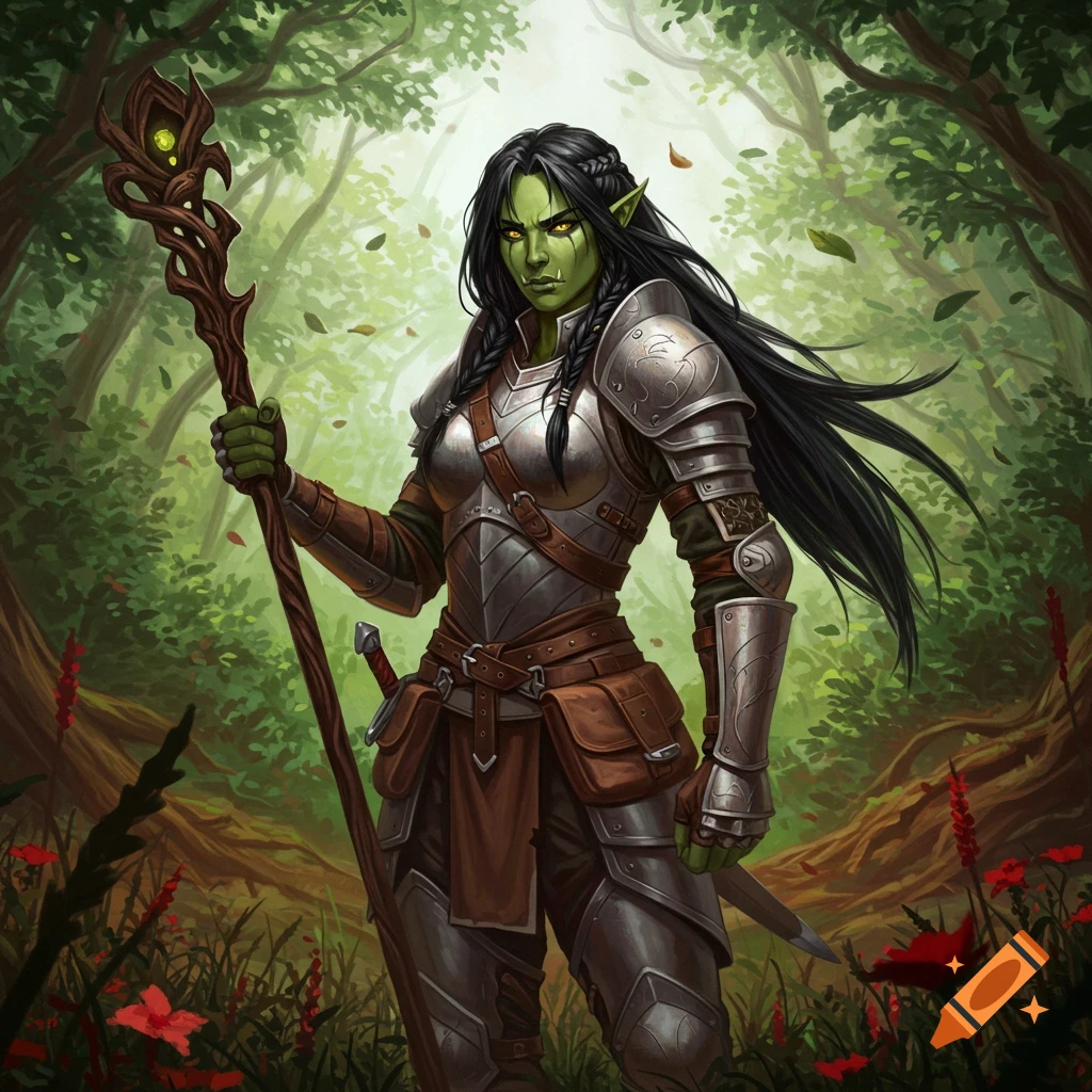 A green-skinned female half-orc with long black hair and yellow eyes, wearing silver and brown armor, stands in a lush forest holding a quarter staff.