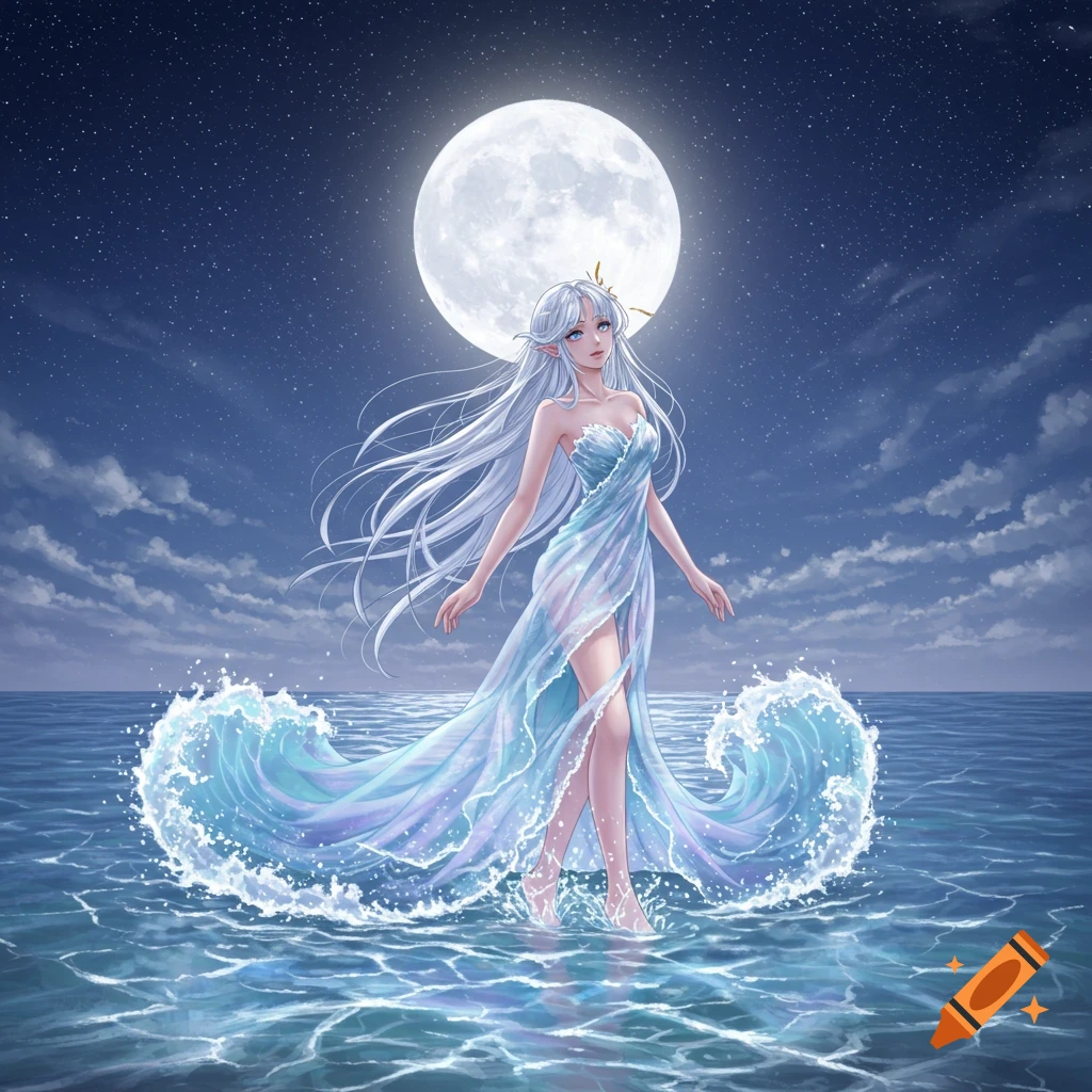 An ethereal anime moon goddess with long white hair and a flowing blue-purple dress stands in the moonlit ocean under a starry sky.