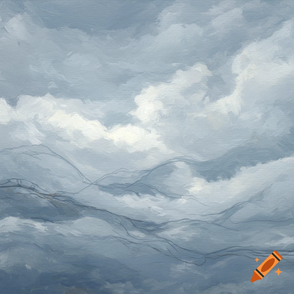 Abstract painting in shades of blue and white, depicting clouds and layered, linear forms.