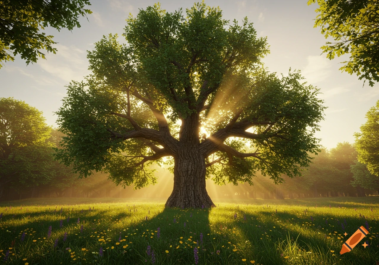A large, majestic tree stands in a sunlit field with wildflowers, sun rays shining through its branches. Photorealistic.