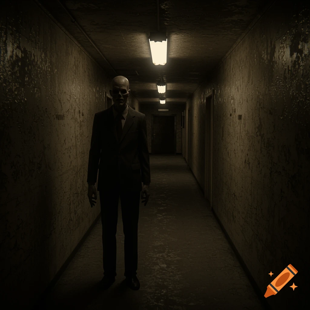 A creepy, pale-faced figure in a suit stands in a dark, grimy hallway under flickering fluorescent lights, in an analog horror style.