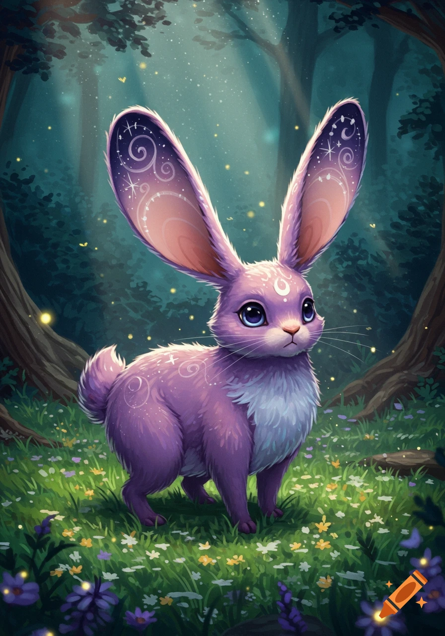 A magical purple rabbit with celestial markings and large ears stands in a moonlit forest with glowing flowers.