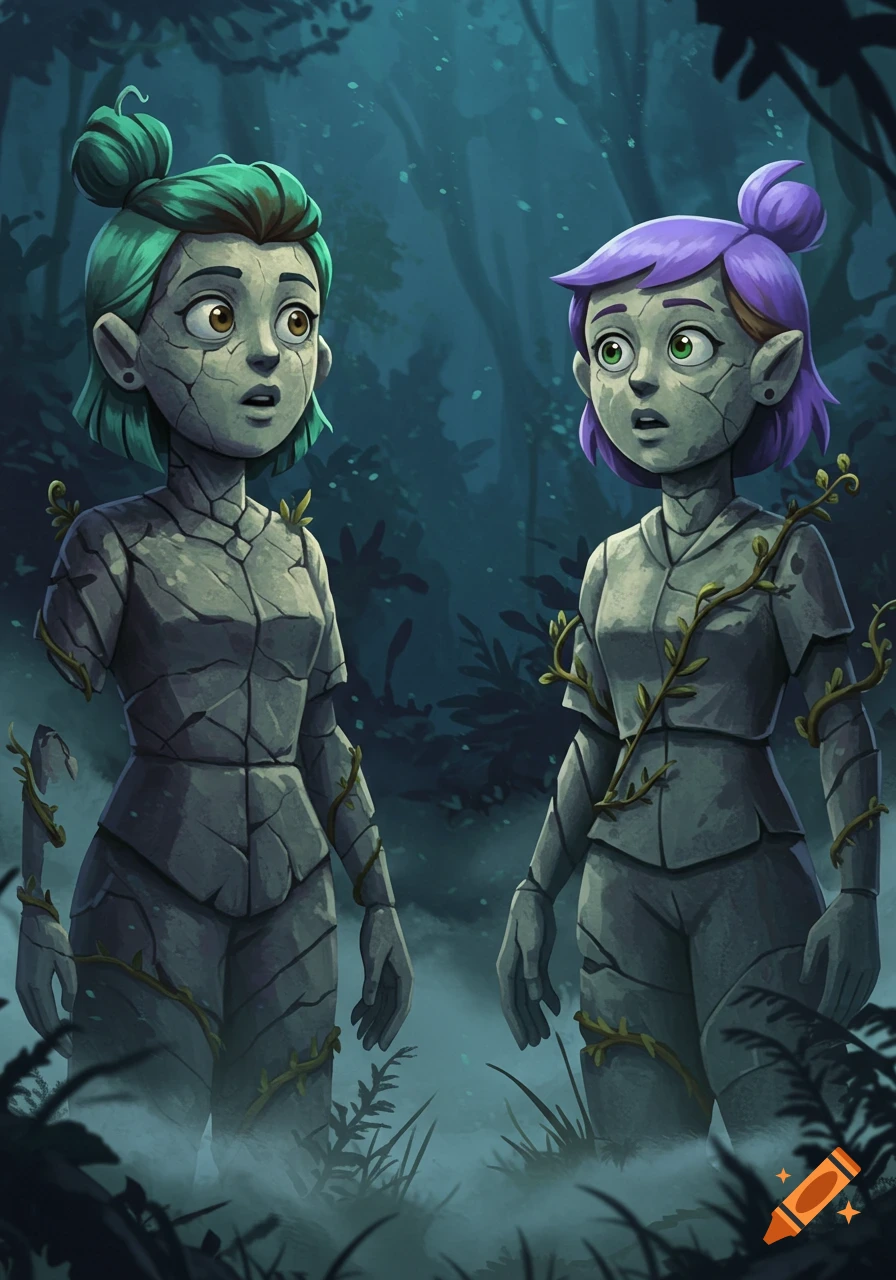 Stylized illustration of two surprised cartoon characters, Luz and Amity, turned to stone with vines growing on them, standing in a dark, misty forest.