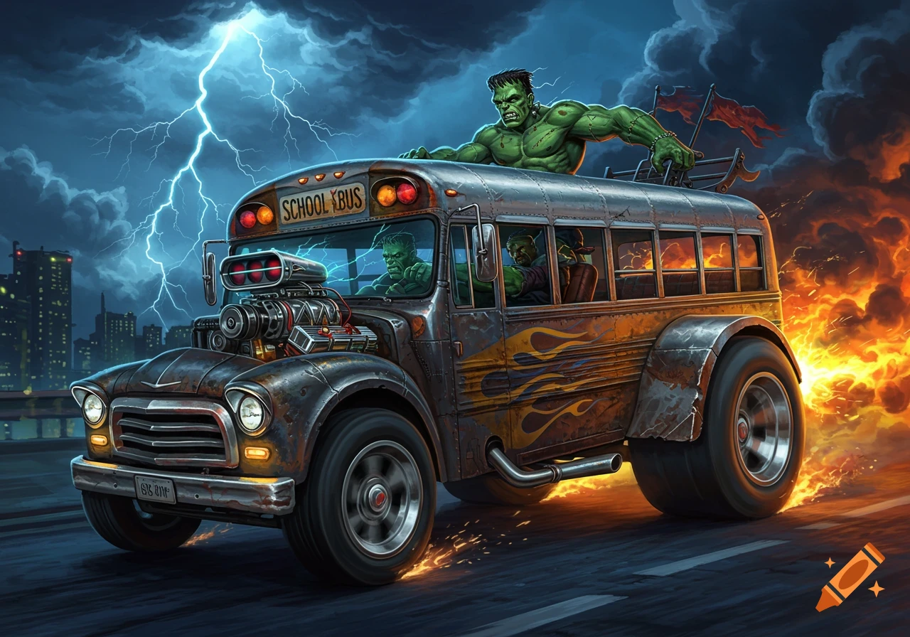 A muscular Frankenstein monster on top of a rusty, flaming hot rod school bus with lightning in the stormy sky.