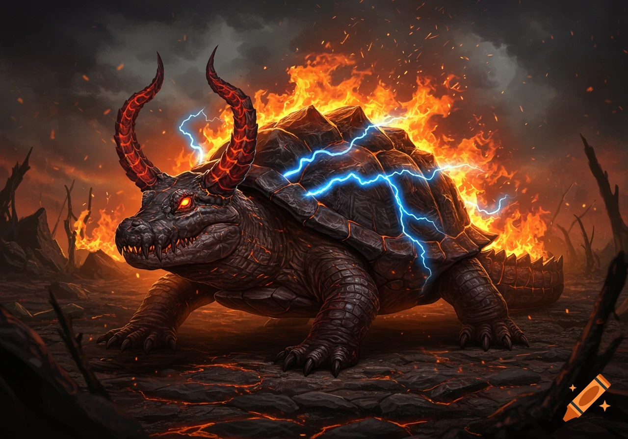 A monstrous horned turtle, covered in fire and electricity, stands on cracked, fiery ground in a dark, desolate landscape.