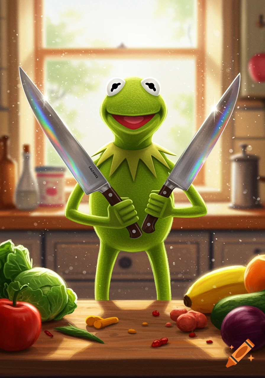 Kermit the Frog smiling in a sunlit kitchen, holding two large, gleaming knives, with vegetables on a cutting board.