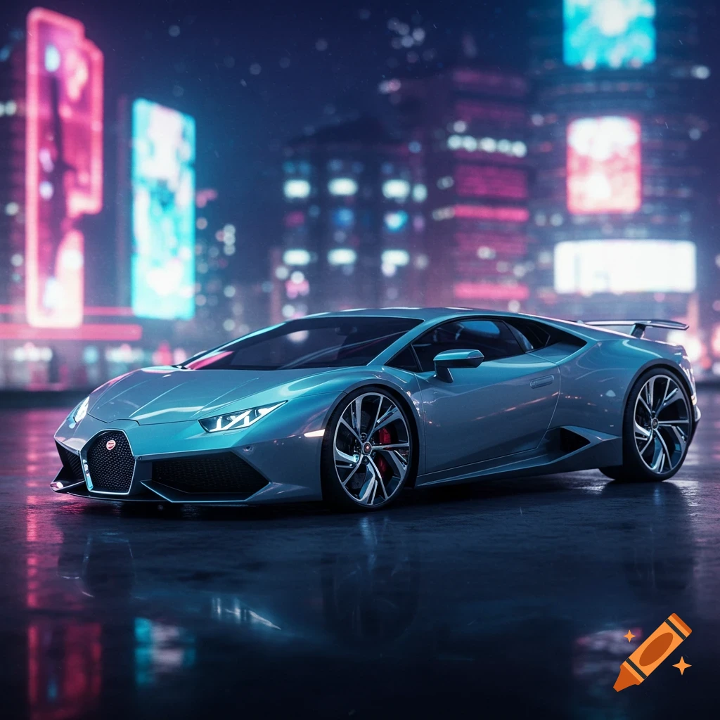 A sleek, light blue sports car with a Hurac r an-like front and Chiron-like rear, on a wet city street at night with neon lights.