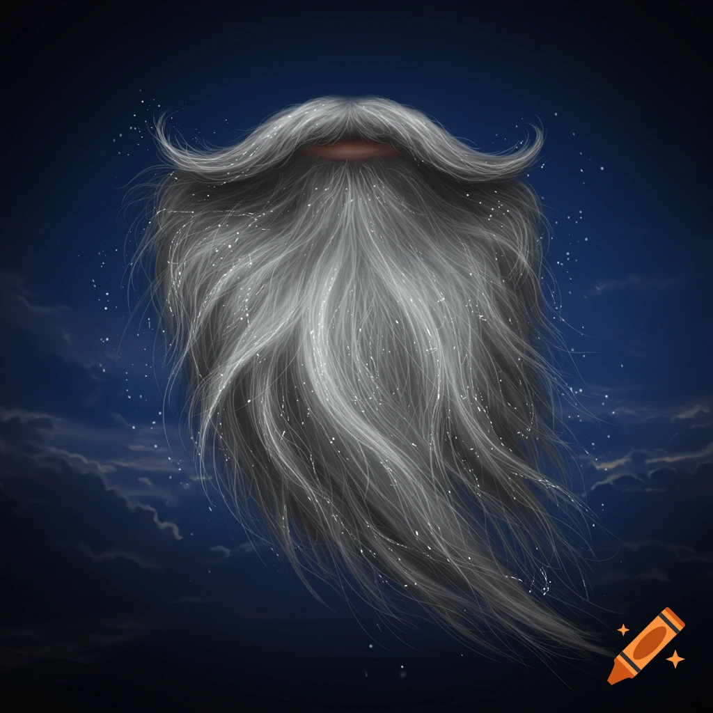 A long, flowing gray beard with white speckles, floating against a dark blue, cloudy background.
