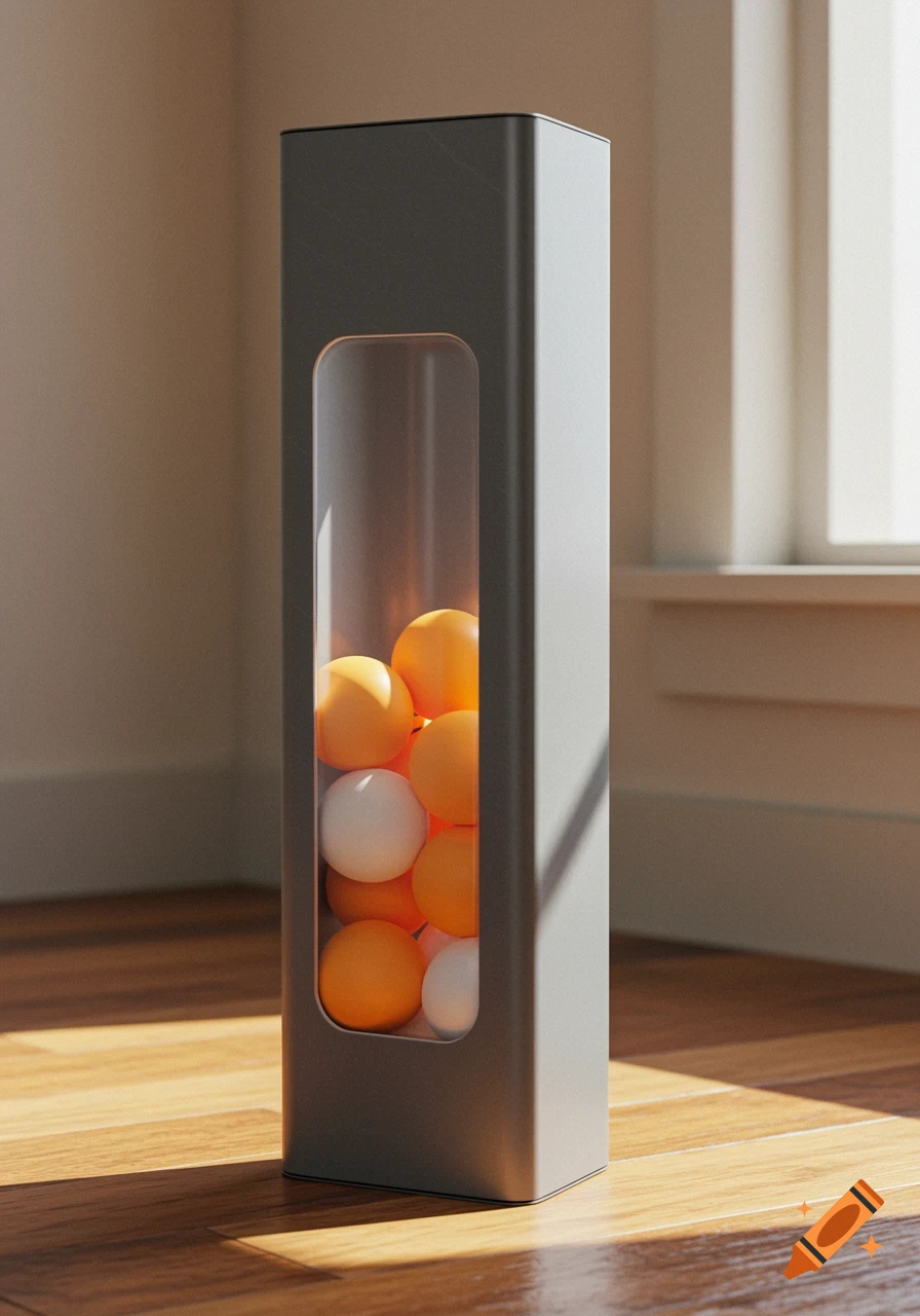 A sleek grey rectangular container with a clear window filled with orange and white balls, standing on a wooden floor.
