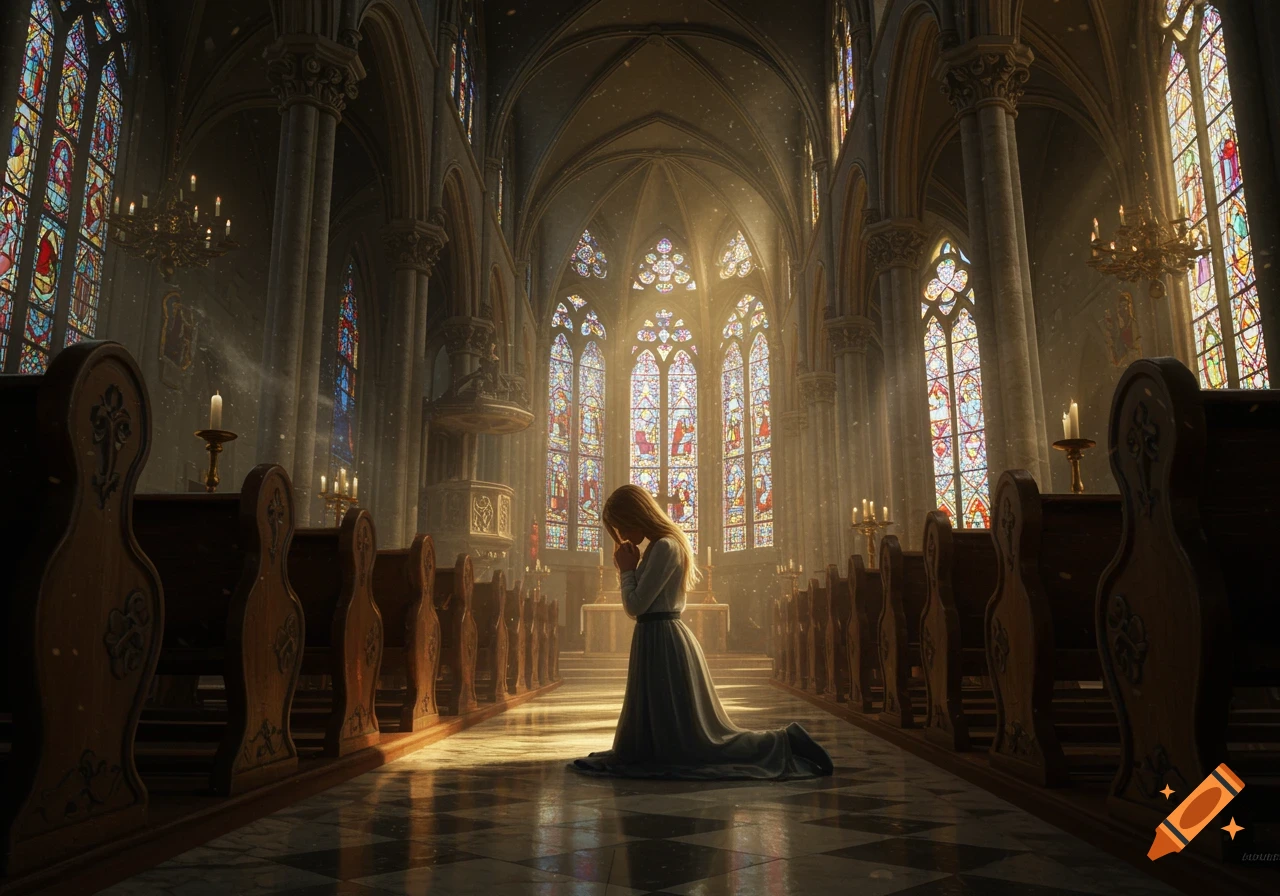 A woman kneels in prayer on a checkered floor in a grand church with light streaming through stained glass windows.