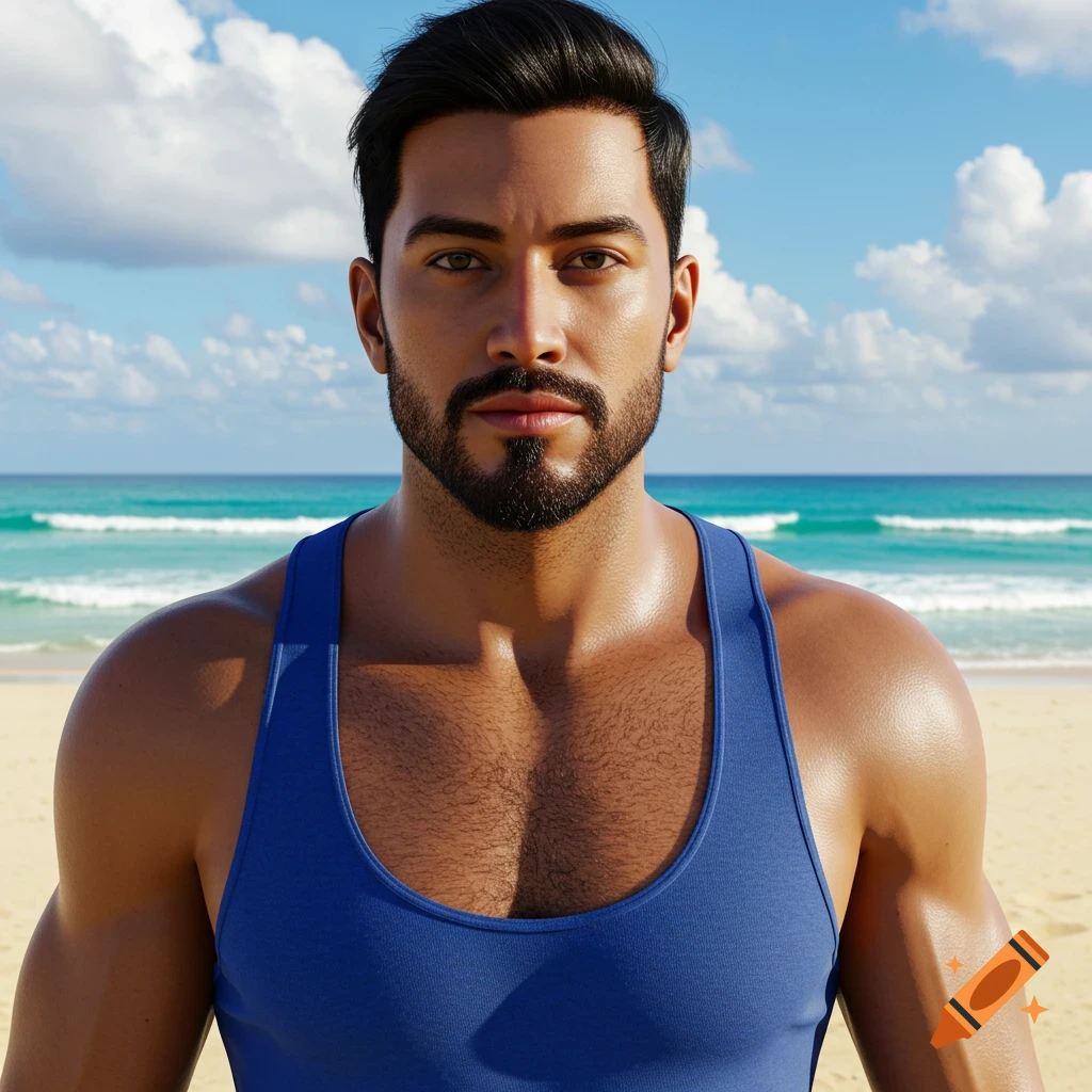 Photorealistic close-up of a fit man with a beard and black hair, wearing a blue tank top, standing on a beach with the ocean and blue sky in the background.