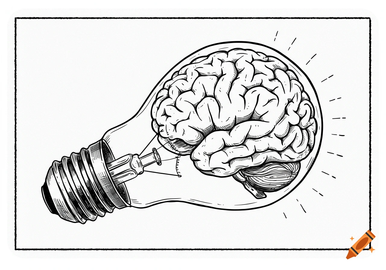 Black and white line drawing of a human brain inside a lightbulb, symbolizing an idea.