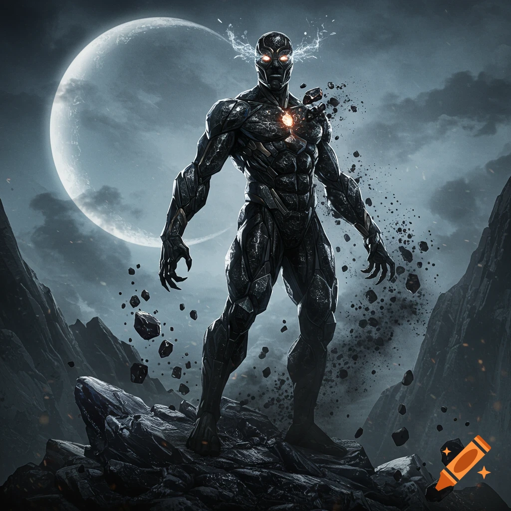 A dark, armored superhero villain with glowing eyes and an energy core stands on a rocky mountain under a large full moon as particles break from its body.