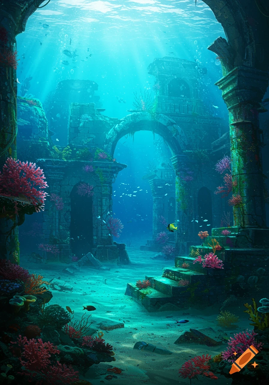 An ancient underwater city with crumbling stone arches and pillars, vibrant red and purple coral, and small fish swimming in the clear blue water illuminated by rays of light from above.