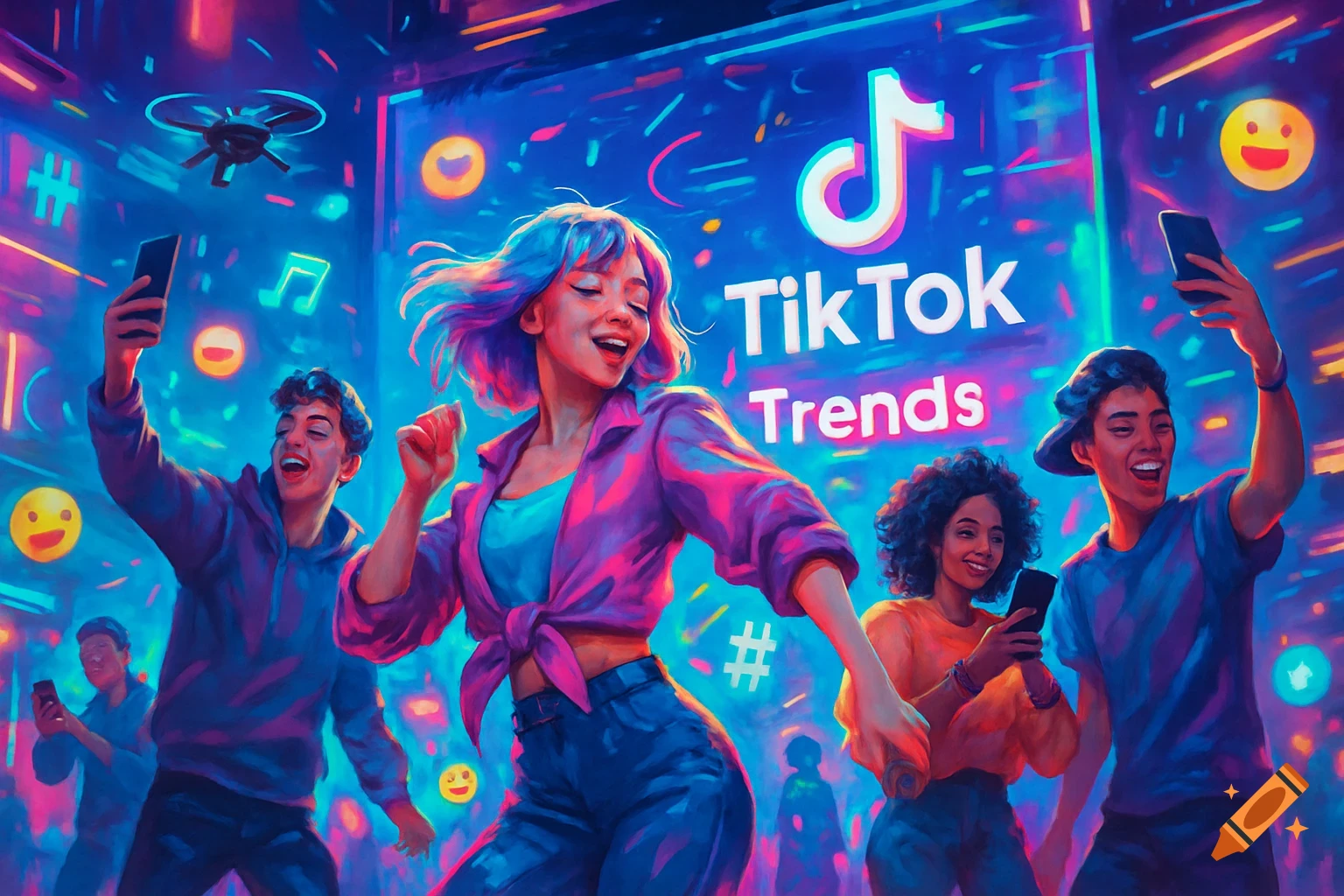 Vibrant digital art of young people dancing and taking selfies in a neon-lit club, with a large screen displaying the TikTok logo and 'Trends' in the background. A drone flies overhead.