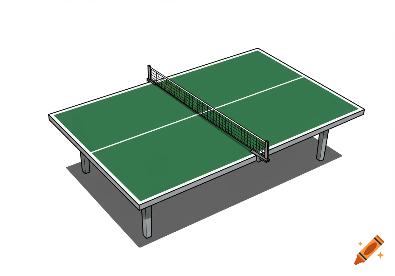 An isometric illustration of a green ping pong table with a net and white lines.