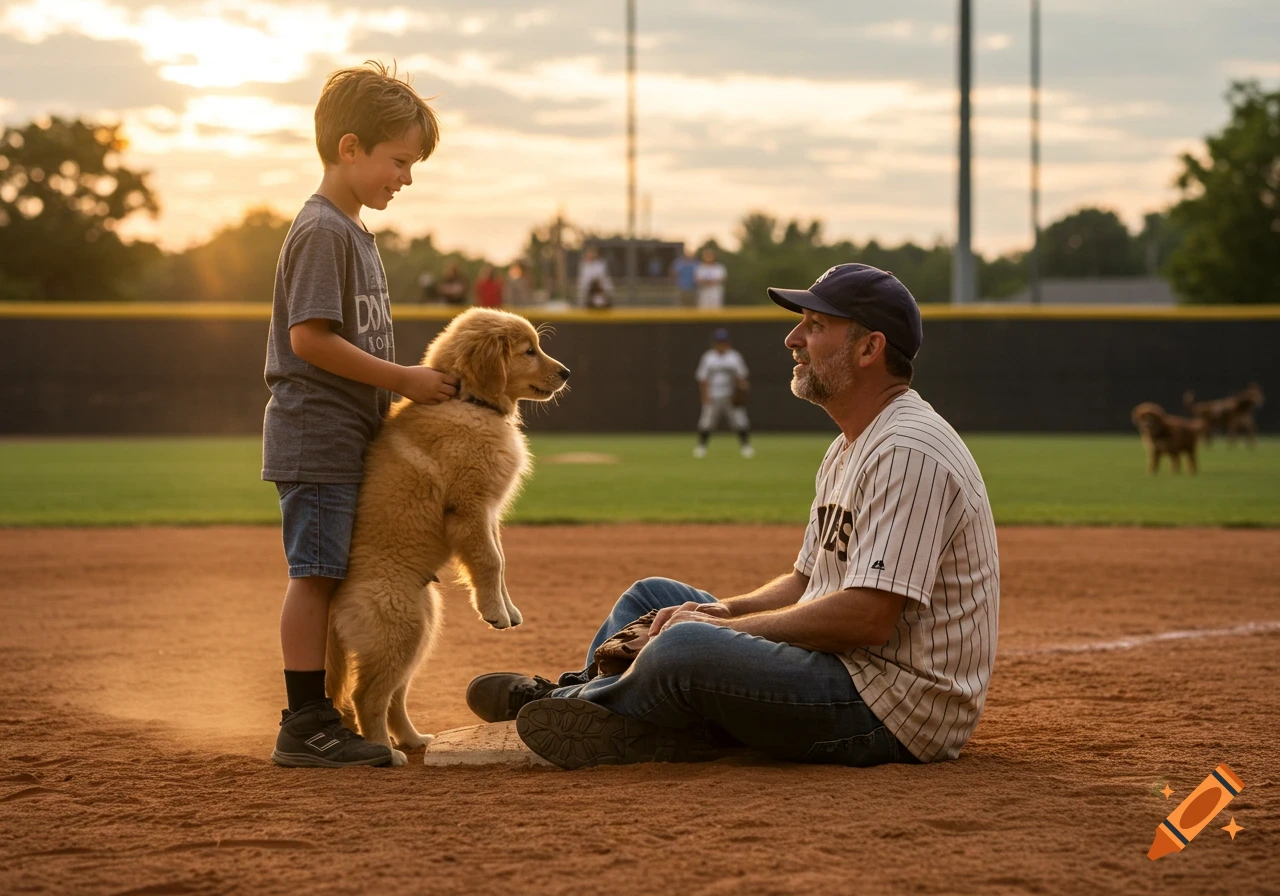 A boy with a golden retriever puppy stands beside a man sitting on a baseball infield at sunset.