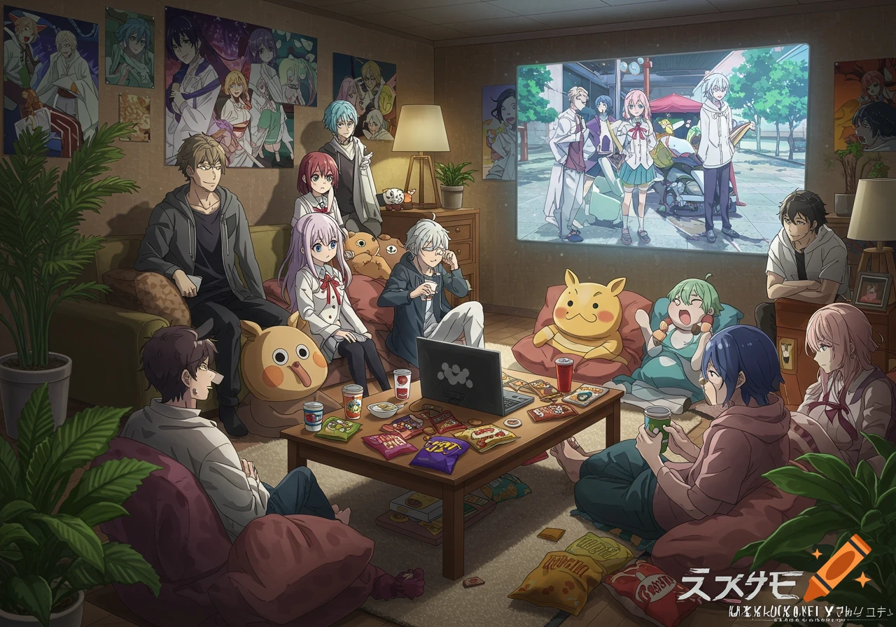 An anime illustration of a diverse group of young adults and teenagers watching a projected anime show in a cozy living room, surrounded by snacks.