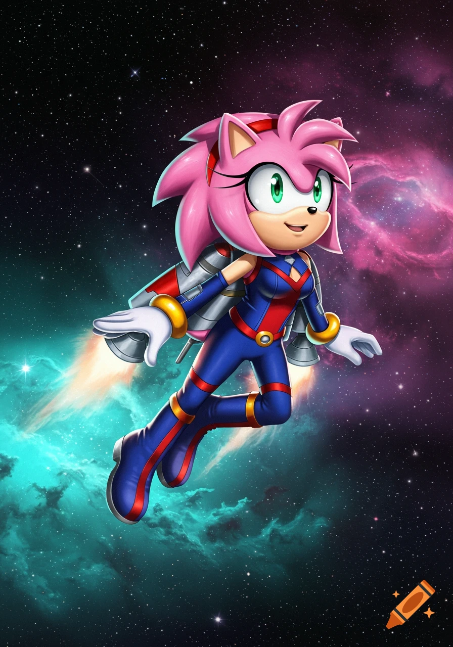 A pink hedgehog character, Amy Rose, in a blue and red superhero suit with a jetpack, flying through a vibrant, colorful nebula in space.
