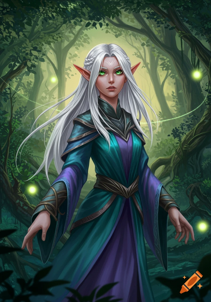 A white-haired elf woman with vibrant green eyes and pointy ears wears a teal and purple robe in a mystical forest with glowing lights. Digital painting.