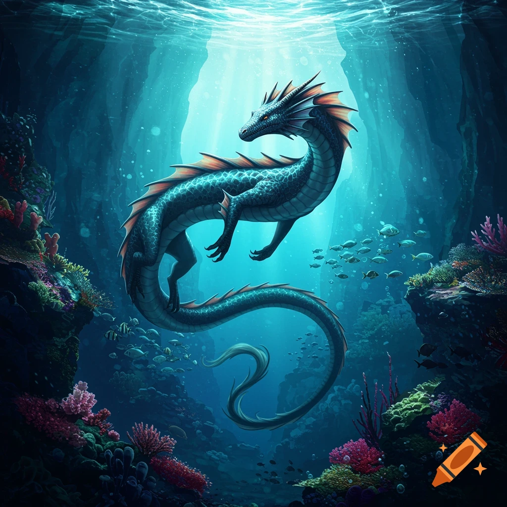 A majestic blue and orange water dragon swims gracefully in a vibrant underwater cave filled with colorful coral and schools of fish, with light rays filtering from the surface.