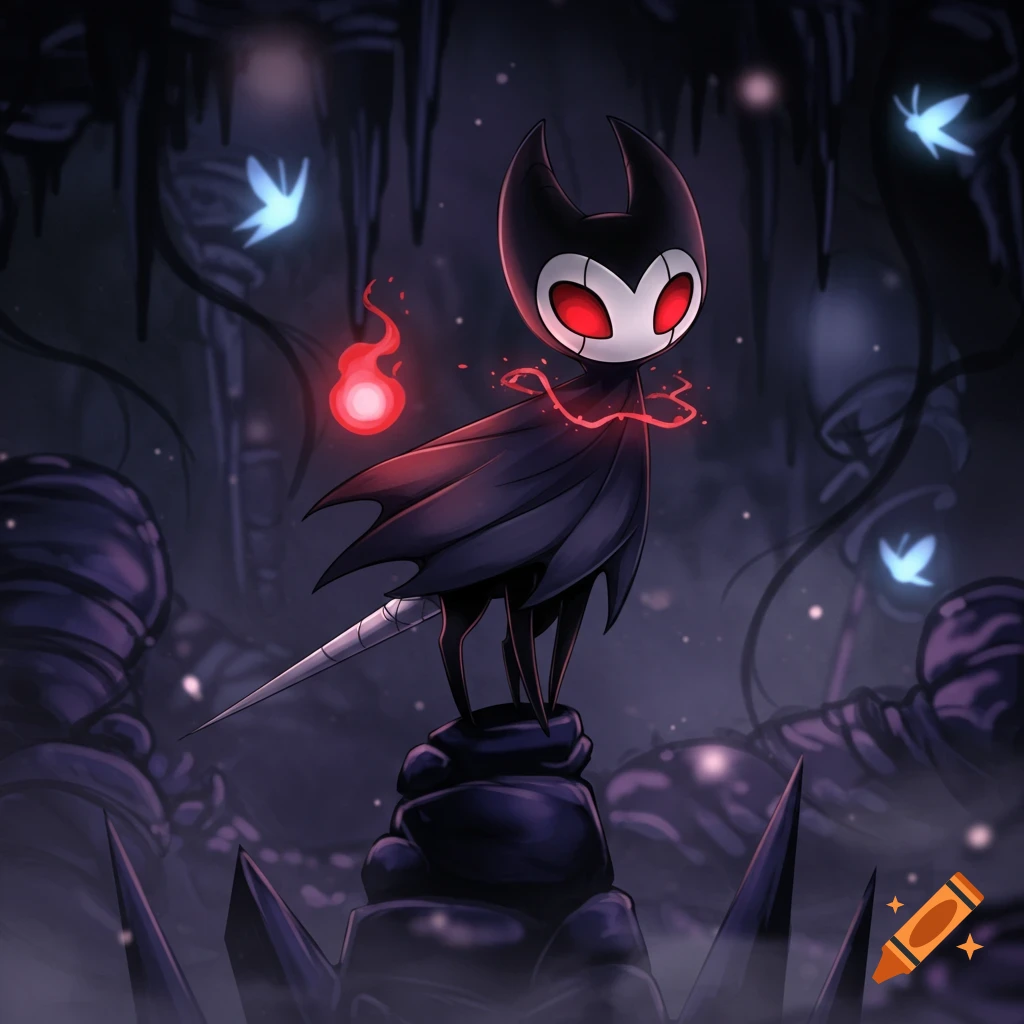 A dark, stylized illustration of Grimm from Hollow Knight with cat-like features, red eyes, and a flame, standing in a cave.